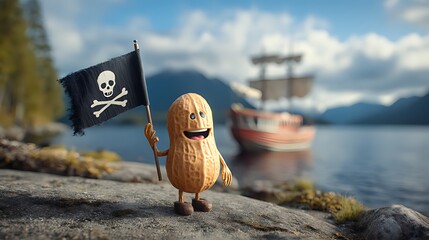 A happy peanut character proudly waves a pirate flag by the sea