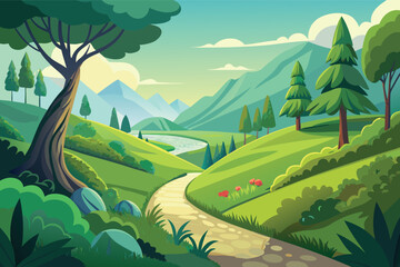 Lush green valley with winding river and tall trees under a clear sky