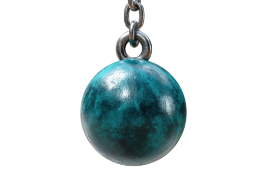 Heavy teal sphere hangs on metal chain