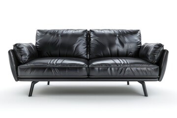 A modern black leather sofa with plush cushions, designed for comfort and style.