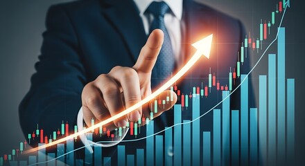 Illustration of businessman pointing at upward trending stock market graph with arrow