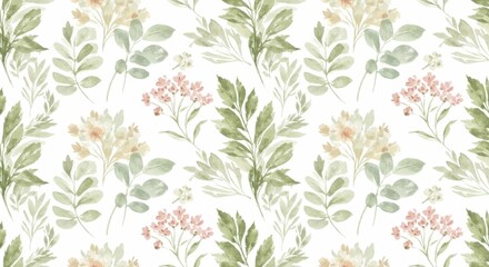 Watercolor Floral Pattern: Leaves and Flowers on White.