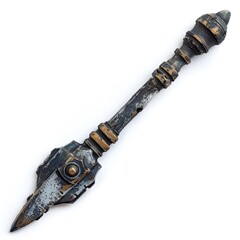 A decorative spear-like object with intricate designs and a metallic finish.