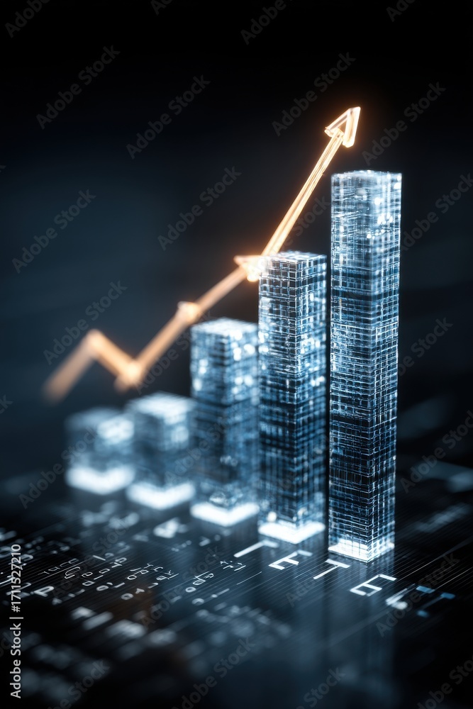Poster 3d futuristic bar chart with glowing arrow and digital data background