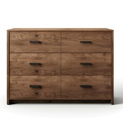 A wooden dresser with six drawers and metal handles, ideal for storage and organization.