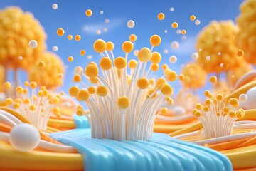 A whimsical dreamscape of stylized enoki mushrooms in a vibrant yellow and blue fantasy world.