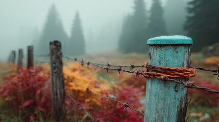 Foggy autumnal landscape with rusted barbed wire fence post
