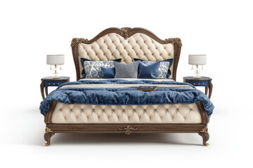 Elegant upholstered bed with decorative pillows and bedside lamps, designed for comfort and style.