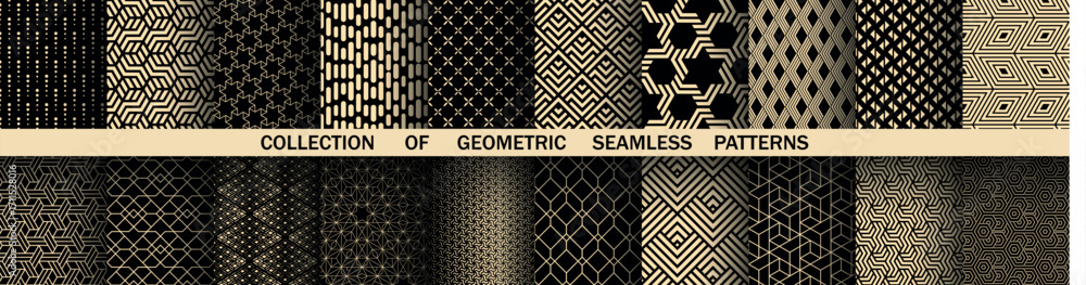 Poster geometric set of seamless black and golden patterns. simple vector graphics