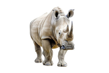 A close-up of a rhinoceros walking towards the viewer, showcasing its unique features.