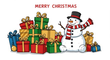 A cheerful snowman sits amidst a pile of colorful Christmas presents, radiating holiday cheer.