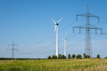 Wind turbines and overhead power lines seen in Germany