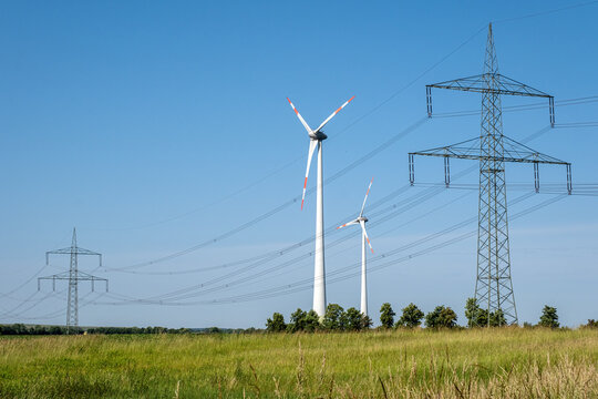 Wind turbines and overhead power lines seen in Germany