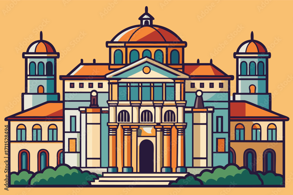 Poster historic building with colorful architecture and domed roofs in a sunny setting