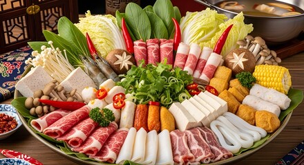 Hot pot ingredients assortment, ready for cooking on a platter