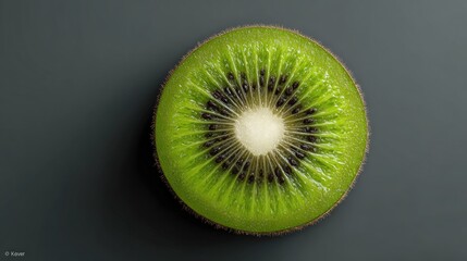 Close-up kiwi slice, vibrant green, dark gray backdrop