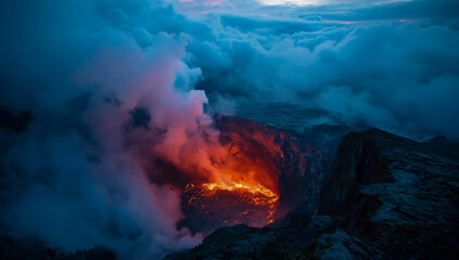 Fiery lava flow ignites volcanic steam and smoke in dramatic natural display