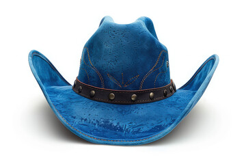 A vibrant blue cowboy hat with a decorative band, showcasing western style.