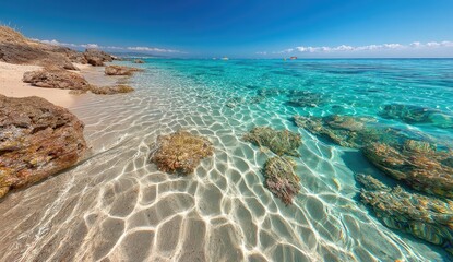 Sunny, shallow turquoise water laps a sandy beach with rocks