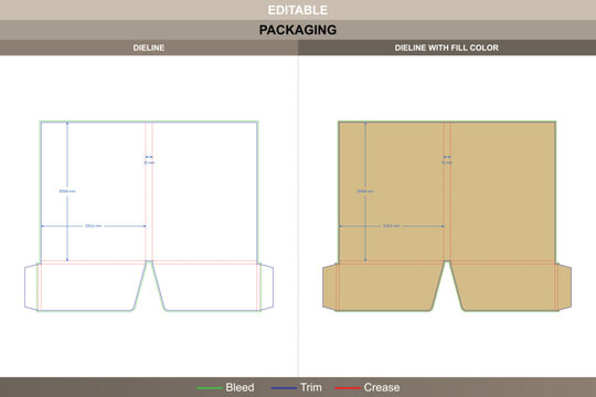 Double pocket folder dieline in custom dimensions, editable stationery carton template for office packaging design with folding structure and accurate die line placement