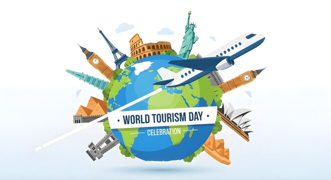 World Tourism Day celebration vector graphic with world landmarks - Powered by Adobe