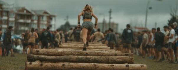 Woman tackling an obstacle course during an outdoor fitness competition
