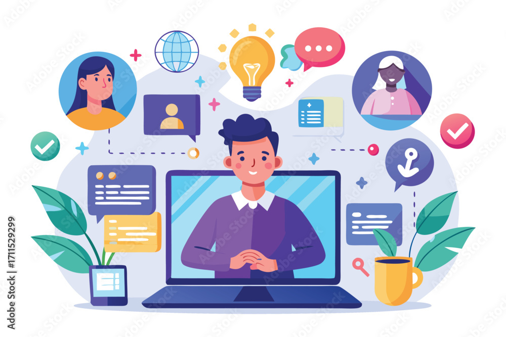 Aufkleber creative brainstorming session taking place on a laptop with diverse characters participating in the