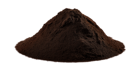 Pile of Coffee Powder: An inviting, detailed shot showcases a dark brown pile of finely ground coffee powder, ideal for illustrating culinary themes and concepts.