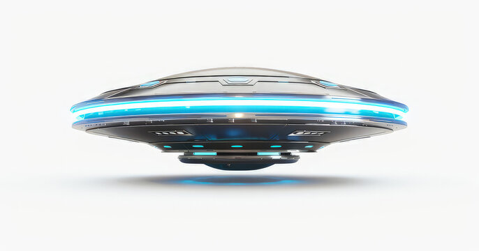 A futuristic flying saucer with glowing blue lights, suggesting advanced technology.