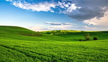 Obraz premium Lush Green Field Under a Partly Cloudy Blue Sky Expansive Landscape with Rolling Hills and Vibrant Grass in a Sunny Day Peaceful Scenery
