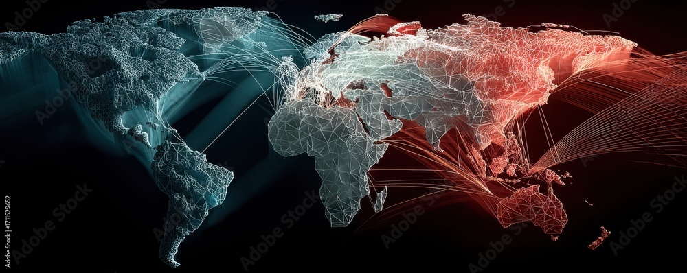 Poster low poly wireframe world map with dynamic data flow visualization
