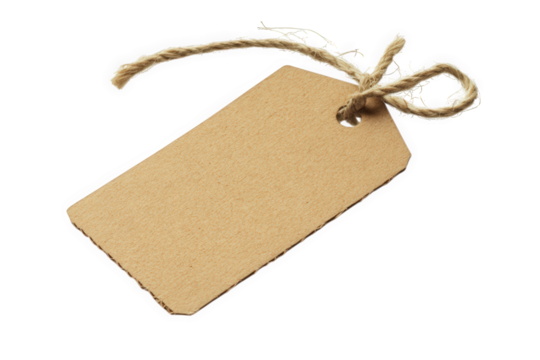 Blank brown paper tag with jute twine isolated on transparent background, perfect for adding your own message, branding, or pricing information