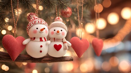 Charming snowman ornaments and red hearts hang sweetly from a christmas tree