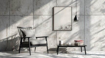 Modern Minimalist Living Room with Concrete Wall Light Shadow and Black Furniture