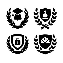 Fototapeta premium Vintage educational coat of arms set with university college and academy elements isolated vector illustration. Laurel wreaths, shields, ribbons illustration for awards ,badges, and branding designs 