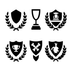 Obraz premium Vintage educational coat of arms set with university college and academy elements isolated vector illustration. Laurel wreaths, shields, ribbons illustration for awards ,badges, and branding designs 