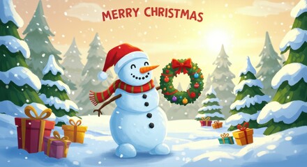 A cheerful snowman, adorned with a festive red hat and scarf, holds a Christmas wreath in a snowy forest scene.