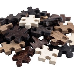 Wooden jigsaw puzzle pieces, various shades