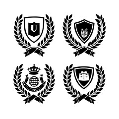 Fototapeta premium Vintage educational coat of arms set with university college and academy elements isolated vector illustration. Laurel wreaths, shields, ribbons illustration for awards ,badges, and branding designs 