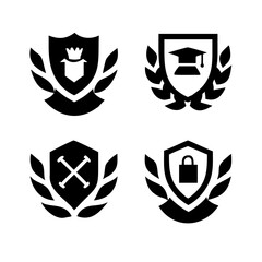 Vintage educational coat of arms set with university college and academy elements isolated vector illustration. Laurel wreaths, shields, ribbons illustration for awards ,badges, and branding designs	