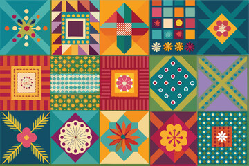 Obraz premium Colorful patchwork quilt design featuring various geometric patterns and floral motifs