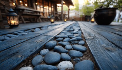 Rustic wooden deck with a path of stones