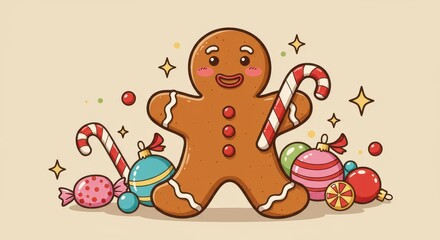 Cheerful gingerbread man surrounded by Christmas treats and ornaments, a delightful festive design.