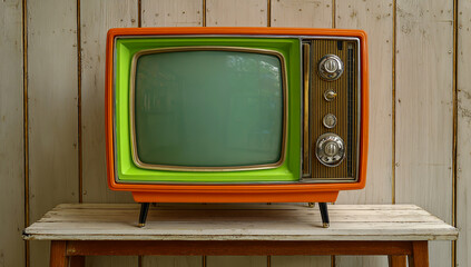 Retro orange and green television set with a blank screen on a wooden table