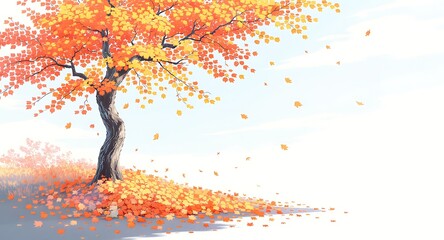 Vibrant Autumn Tree with Falling Orange Leaves Against Serene Sky. Digital Art Illustration of Tranquil Fall Landscape with Golden Foliage.