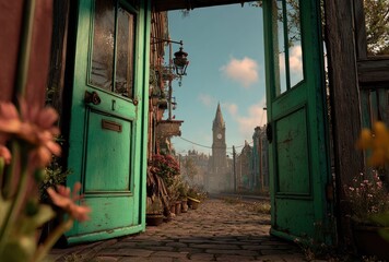 Open teal doors reveal quaint,  cobbled street