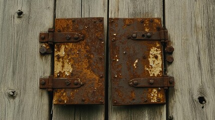 Rusted metal shutters on weathered wooden planks