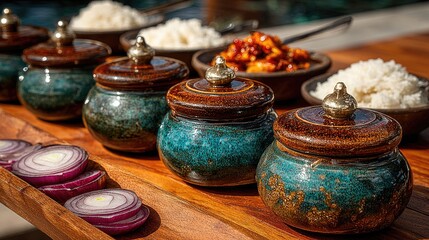 Ceramic bowls, rice, and spiced food on a wooden tray