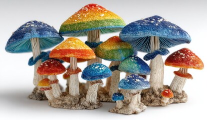 Colorful mushrooms cluster, vibrant hues