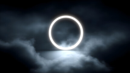 glowing digital light rings and dissolving clouds in deep synthetic space